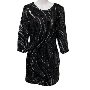 Express Black & Silver Sequin Mini Dress 3/4 Sleeves Deep V Cut Out Back